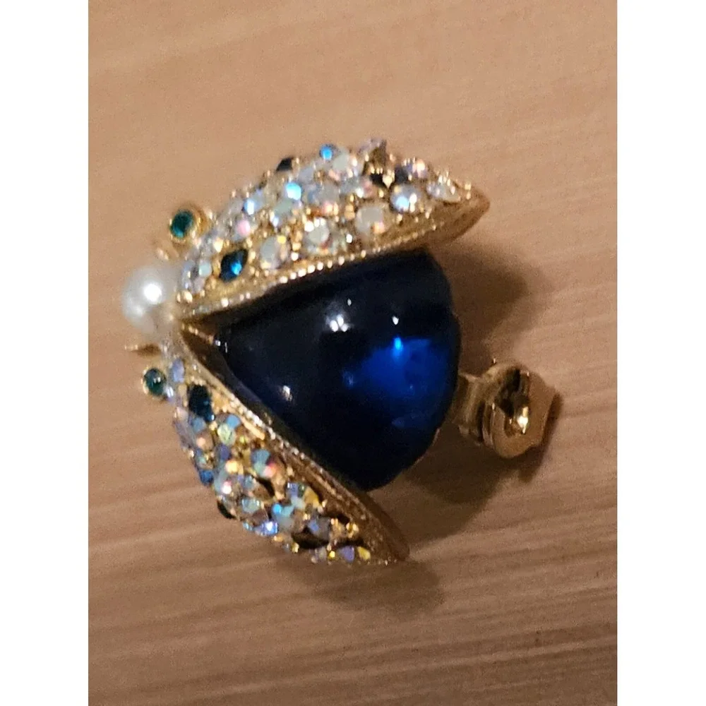Sparkling Ladybug Brooch Pin Rhinestone Pearl Blue‎ Gemstone Gold Tone